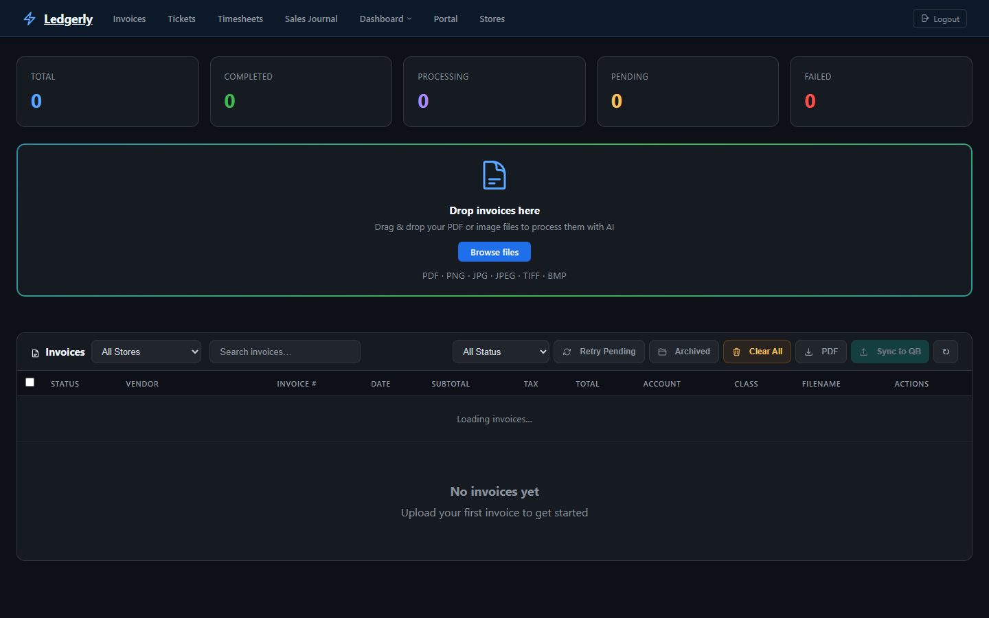 Ledgerly invoice automation dashboard with AI extraction and QuickBooks sync